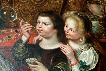 null 13- Ecole Flamande vers 1700 "Femme et enfants aux bulles de savon" : allégorie...