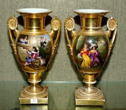  1- Paire de vases en porcelaine de Paris à décor de scène de troubadour et scène...