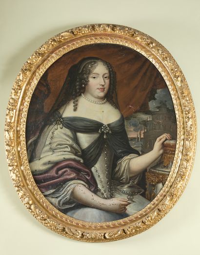 null 30- Ecole fin XVIIème siècle "Femme au collier de perles'' Huile sur toile ovale...