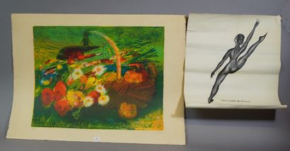 null 71- Paul COLLOMB ''Panier de fleurs et de fruits'' Env. 40 x 49 cm On y joint...