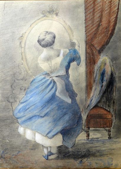  15- Constantin GUYS (attribué à) ''Femme au miroir'' Dessin aquarellé daté 1869...