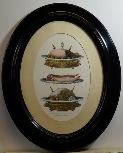  30- Suite de trois sérigraphies ovales sur le thème des plats culinaires 50 x 40...