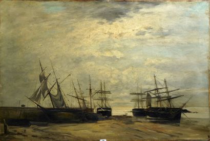  18- Ecole Française XIXème siècle ''Voiliers à marée haute'' Huile sur toile 51...