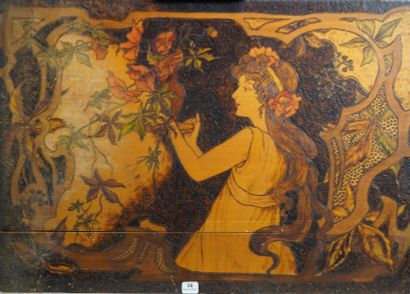  16- M. BERTHOLET ''Jeune femme aux fleurs'' Deux panneaux en bois gravé polychrome...