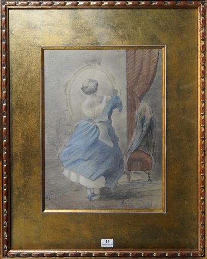 null 15- Constantin GUYS (attribué à) ''Femme au miroir'' Dessin aquarellé daté 1869...