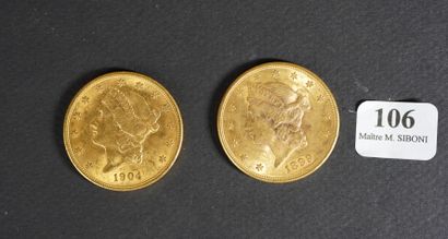 null 106- Deux pièces de 20 Dollars en or datées 1899 et 1904