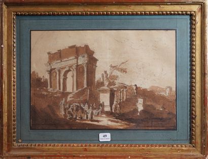 null 49- Ecole Française ''Ruines animées'' Dessin aquarellé 19 x 28 cm
