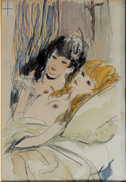  12- Gaston BARRET ''Jeunes femmes au lit'' Dessin aquarellé 25 x 18 cm. Encadré...