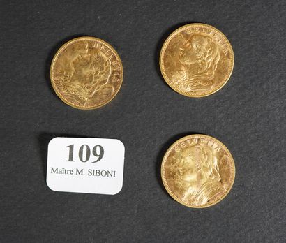null 109- Trois pièces de 20 Francs Suisse en or