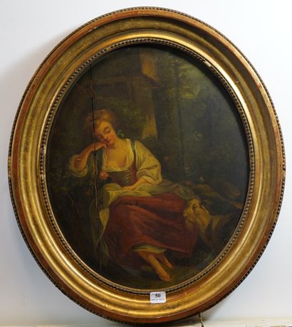  50- Ecole Française XVIIIème siècle ''Bergère endormie'' Peinture sur panneau parqueté...
