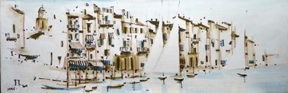 null 
106- Georges DAMIN ''Le port de St Tropez'' Huile sur toile 90 x 30 cm
