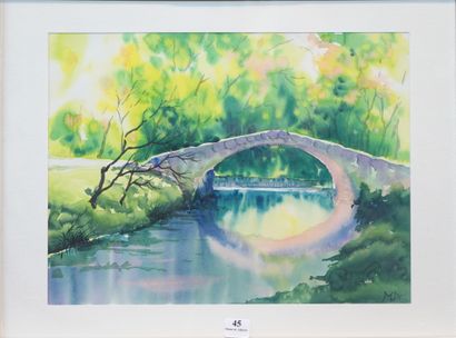 null 45- Ecole Française ''Le pont de pierre'' Aquarelle monogrammée M.A. 23 x 31...