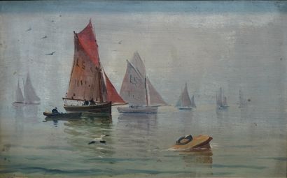 null 29- Ecole Française ''Voiliers dans la rade'' Huile sur panneau 21 x 33 cm (hors...