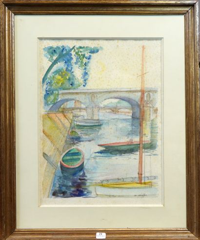  21- M. PEIFFER ''Le Pont Marie'' Aquarelle signée en bas à droite (piqûres) 40 x...