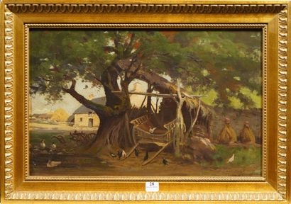  28- Ecole Française XIXème siècle Albert PHILIPPON ''Poules sous le grand arbre...