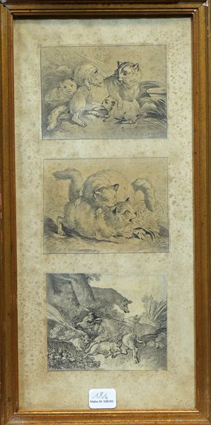  18- J.B. HUET Série de 5 encadrements de 16 gravures représentant des animaux de...