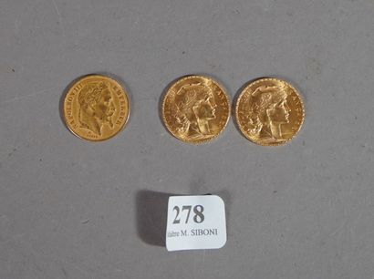 278- Trois pièces de 20 F en or datées 1907,...