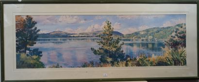  9- Alain AZEMAR 
''Le lac'' 
Aquarelle signée en bas à gauche 
31 x 101 cm