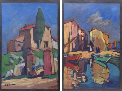 GUINDON Jean "Port et village de Provence" Deux aquarelles signées Dim: 50 x 32 ...
