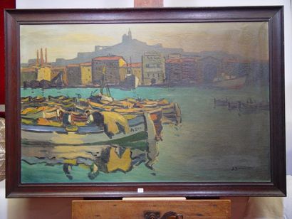 GUINDON Jean "Port de Marseille" Huile sur toile signée en bas à droite Dim: 64 x...