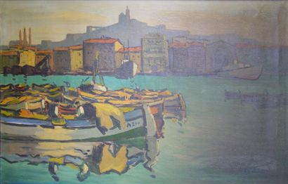 GUINDON Jean "Port de Marseille" Huile sur toile signée en bas à droite Dim: 64 x...