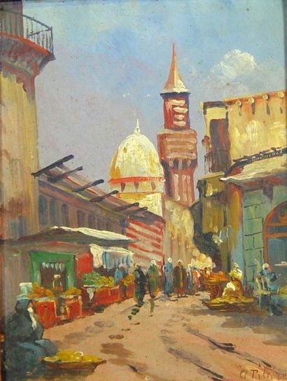 PILARES "Le marché dans une ville D'Orient" Huile sur carton Dim: 33 x 24 cm