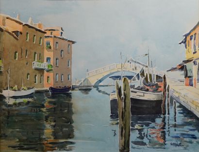 null 10- Henri VENTUJOL (1903-1995) ''Chioggia, Ponte Vigo'' Aquarelle signée en...