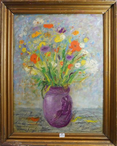 null 27- A. Kahn COROYANTZ ''Bouquet au vase violet'' Huile sur isorel signée en...