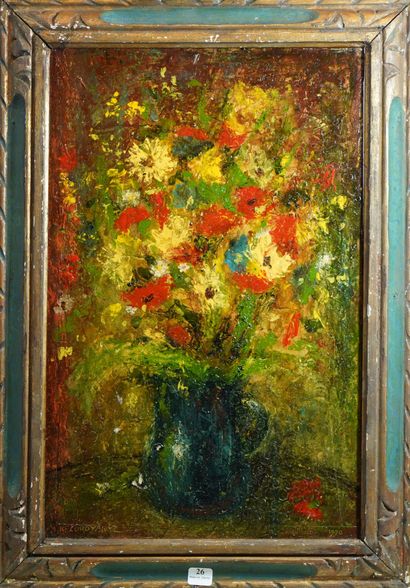 null 26- A. Kahn COROYANTZ ''Bouquet de fleurs au vase bleu'' Huile sur panneau signée...
