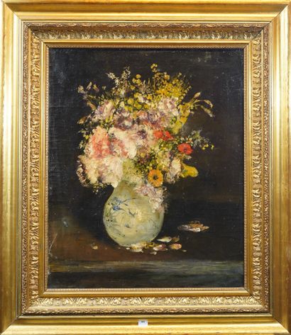 null 44- DUFEU (?) ''Vase de fleurs'' Huile sur toile signée en bas à droite (déchirures)...