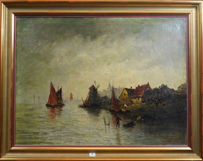 null 39- J. LEVY ''Village de pêcheurs et moulin'' Huile sur toile signée en bas...