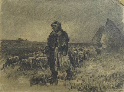 null 13- B. DELALANDE ''Berger et ses moutons'' Dessin graphite signé en bas à droite...
