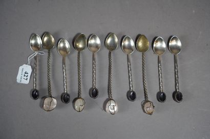 null 427- Set of 6 small silver mocha spoons, handles decorated with a coffee bean...