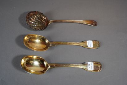 null 419- Saupoudreuse and 2 large spoons in silver vermeil hallmarked Vieillard.XIXth...