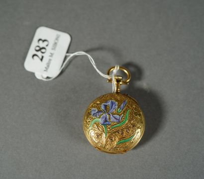 null 283- Yellow gold collar watch decorated with an enamelled iris on the back and...