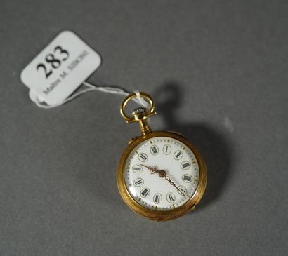 null 283- Yellow gold collar watch decorated with an enamelled iris on the back and...