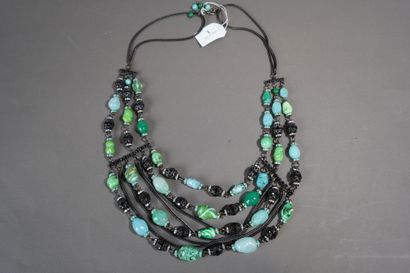 null 1- Necklace 5 rows of Murano pearls of turquoise and green color, mesh chai...
