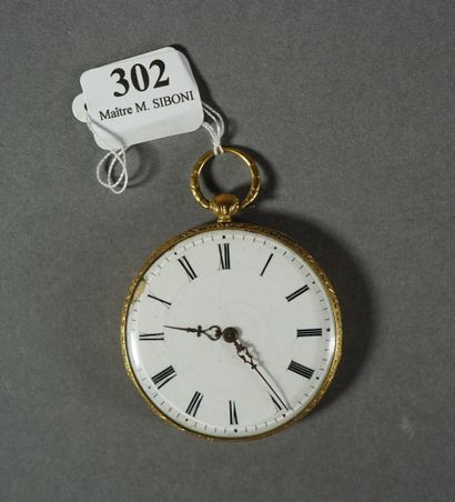 null 302- Montre de gousset en or jaune à décor stylisé Mouvement à cylindre. Plaque...