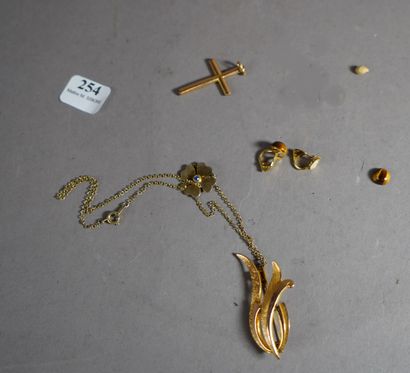 null 254- Lot en métal doré : broche à décor de plume, chaîne de cou et son pendentif...