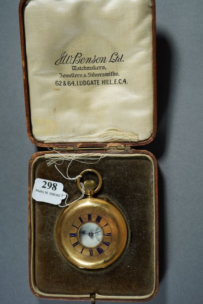 null 298- J.W. BENSON Londres Montre de gousset en or jaune émaillé bleu à chiffres...