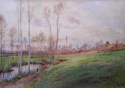 null 17- Emile BIDAULT ''Paysages d'automne'' Deux aquarelles formant pendant, signées...