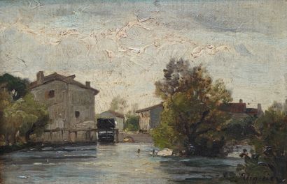 null 9- Fortuné VIGUIER ''View of a lake village'' Oil on panel 17 x 25 cm