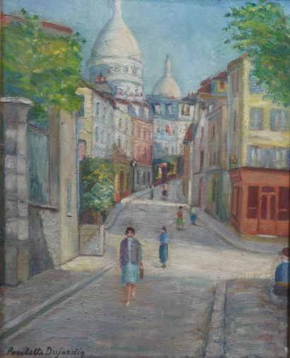 null 11- Paulette DUJARDIN ''Rue animée à Montmartre'' Huile sur toile signée en...