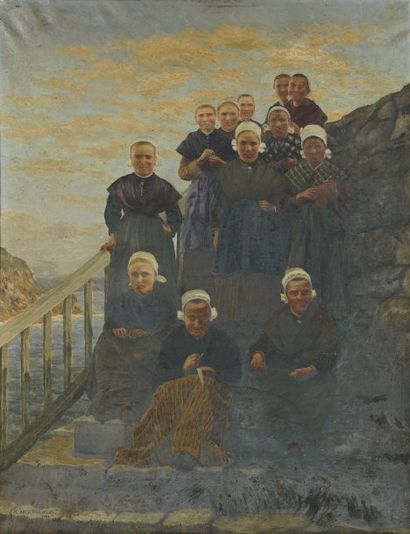 Abel BOULINEAU (1839 - ?) Les tricoteuses'' Huile sur toile signée en bas à gauche...
