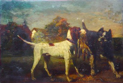 Edouard Armand- Dumaresq Les chiens de chasse et leur gibier'' Peinture sur panneau...