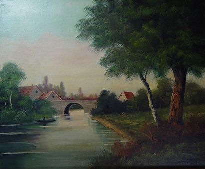 BARAS Paysage à la rivière'' Huile sur toile signée en bas à droite Dim : 46 x 55...