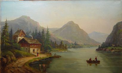 DABERT Chalet au bord de la rivière'' Huile sur toile signée en bas à gauche Dim...