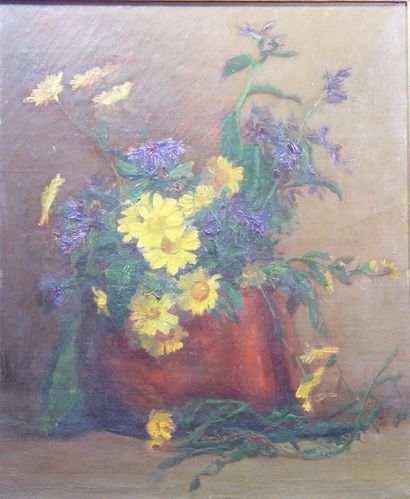 ECOLE FRANCAISE Vase de fleurs'' Huile sur toile Dim : 46 x 38 cm