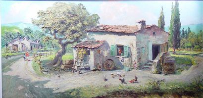 FRALSE La chaumière'' Huile sur toile signée en bas à droite Dim : 49 x 98 cm