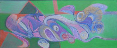 Ecole Moderne "Abstrait spiral, vert et violet" Huile sur panneau signée en bas à...